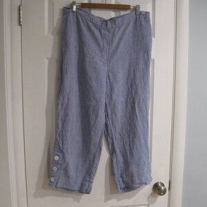 Chico's 100% Linen Button Hem Cropped Pull On Blue Pants Size 16 Elastic Waist
